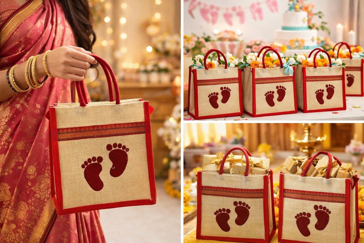 Jute Return Gift Bag Set with Baby Footprint Design(Pink)