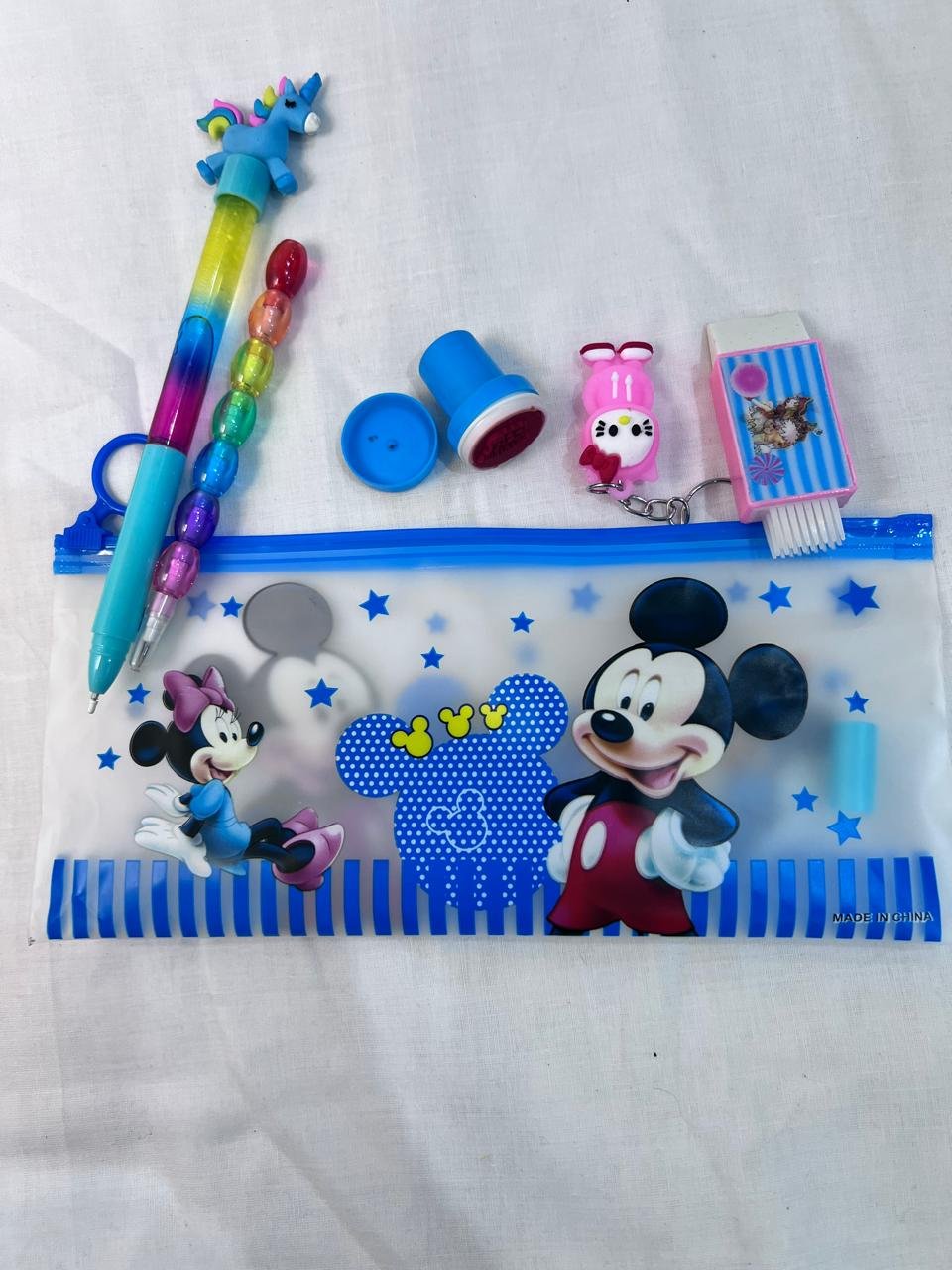 Unicorn & Mickey Mouse Kids Stationery Set – Multi-Color Pen, Eraser, Stamp, Keychain & Pencil Pouch
