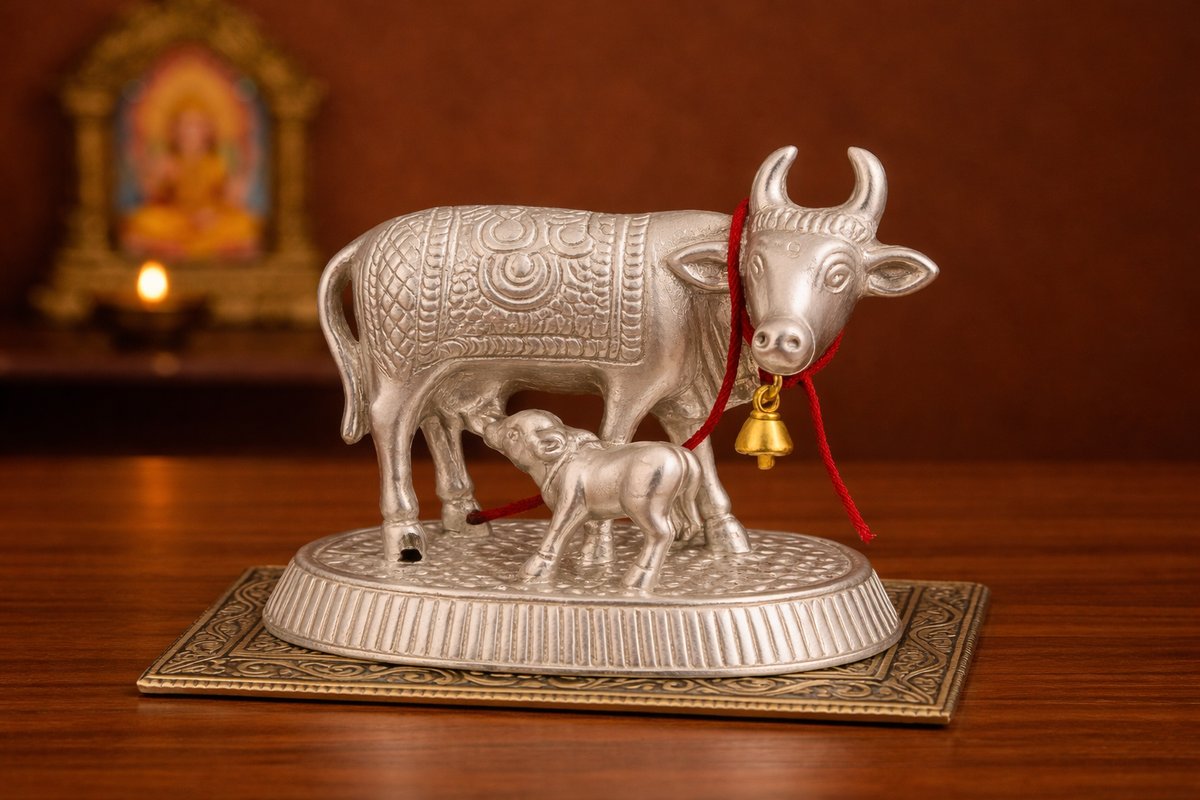 Silver Plated Kamdhenu Cow and Calf Statue