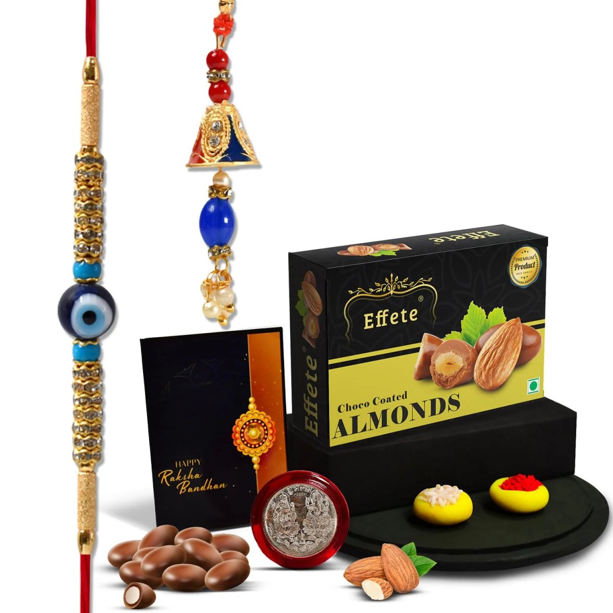 Rakhi Gift Combo for Brother & Bhabhi – Chocolate, Coin & Card