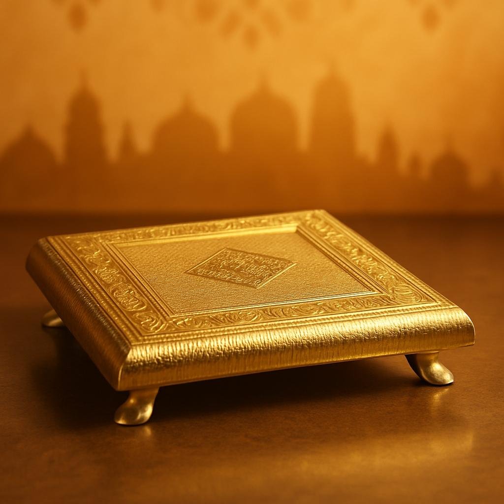 Vedic Vastu Wooden Pooja Chowki | Floral Brass Fitted Decorative