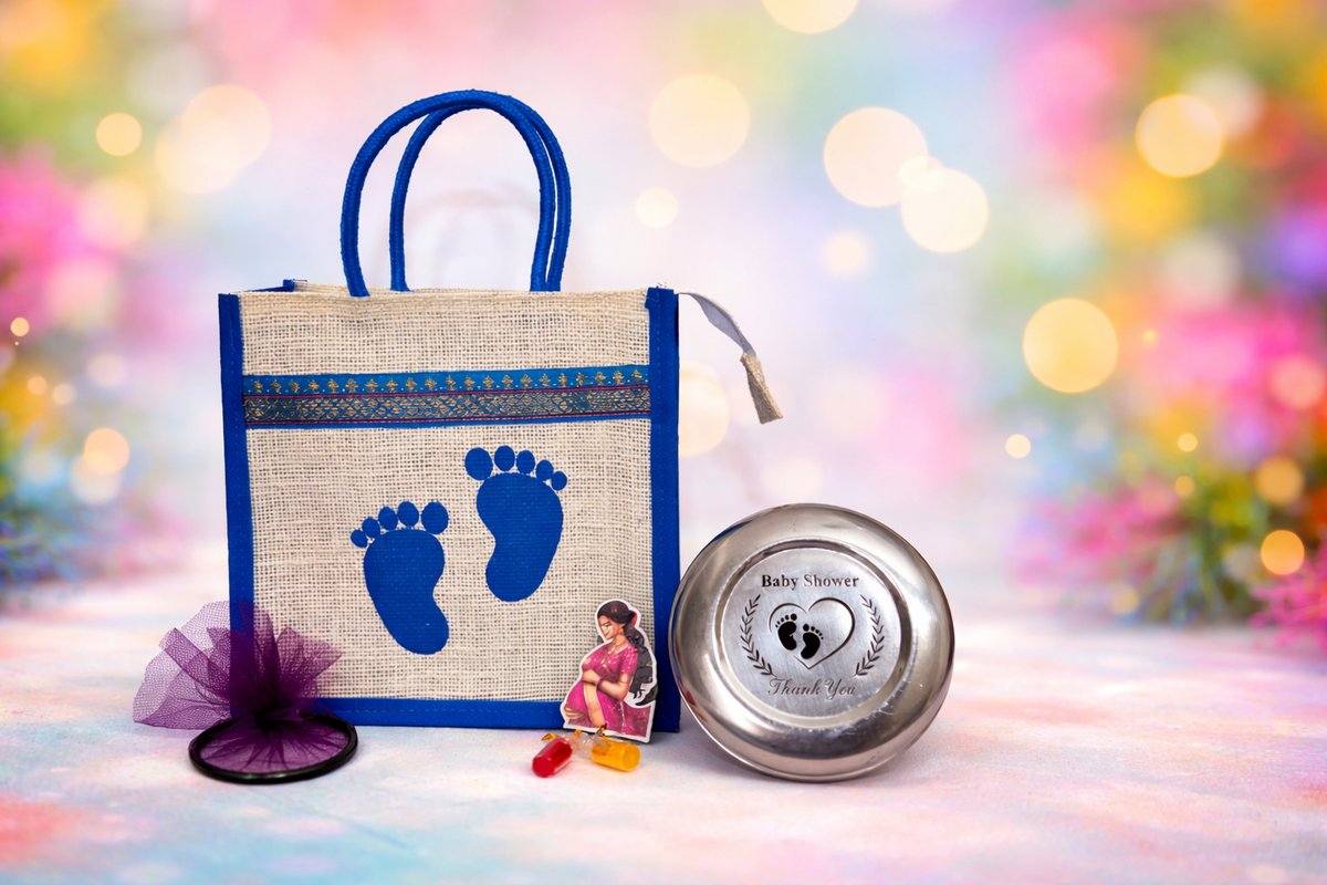 Baby Shower Return Gift Combo – Blue Jute Bag (10×8×4 Inch) with 4.5" Engraved Steel Box, Bangles & Haldi Kumkum Set