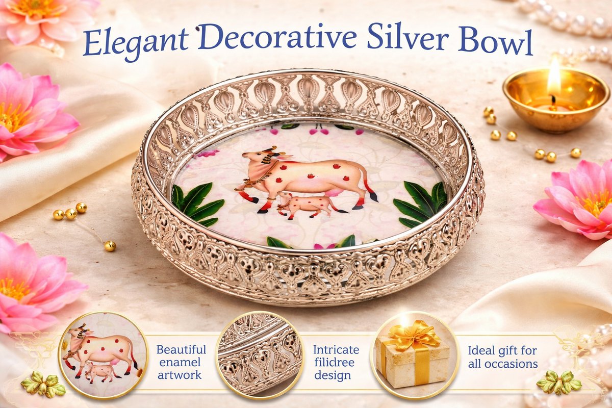 Painted with cow Pichwai Art Decorative Metal Serving Tray, Round Shape