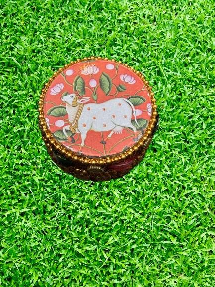 Pichwai Design Metal Haldi KumKum Dibbi