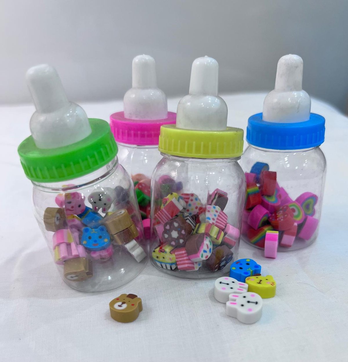 Milk bottle Erasers - Pack of 4 - mini button size pencil erasers for kids
