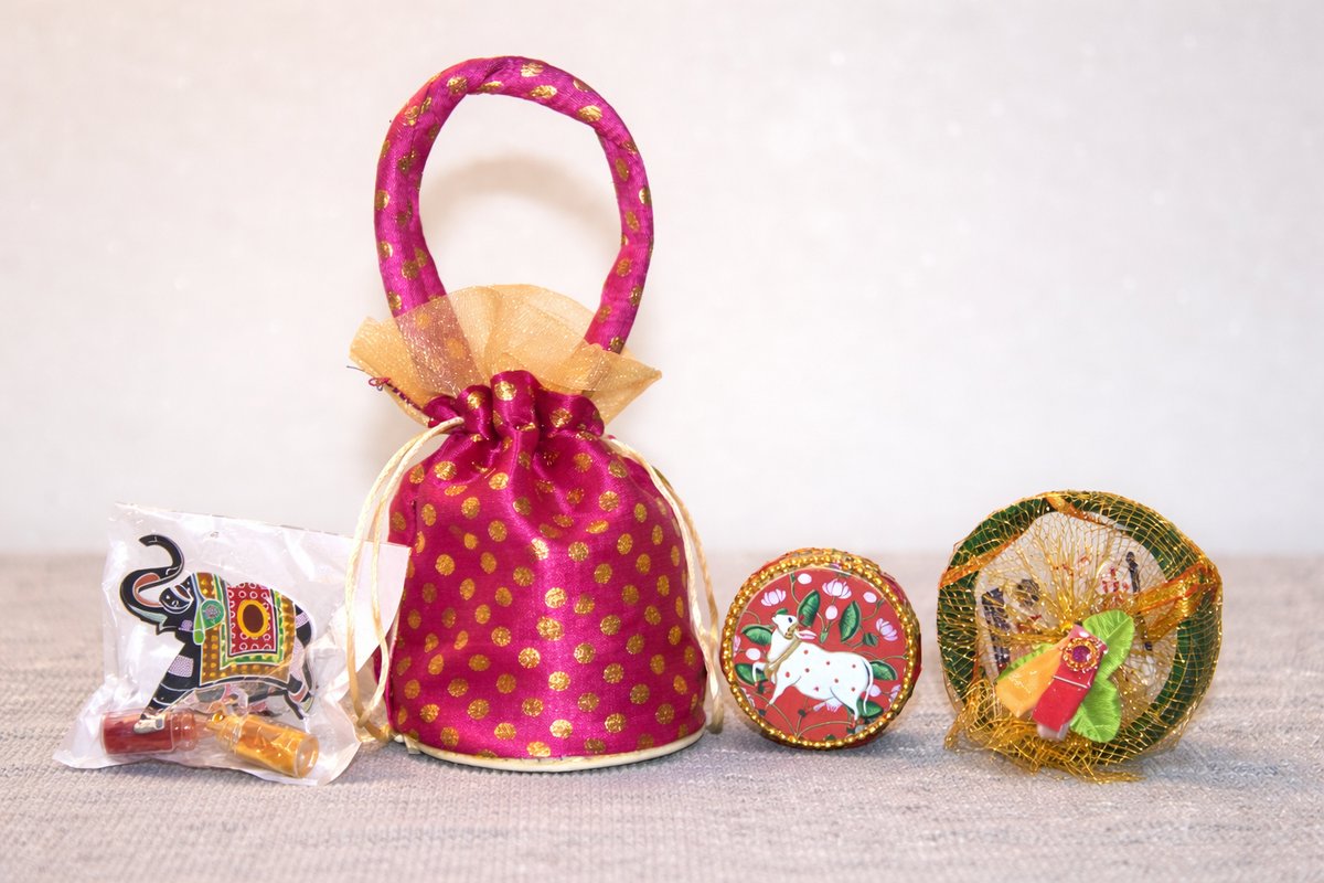 Red dot Potli Bag with Miniature Indian Decor Set