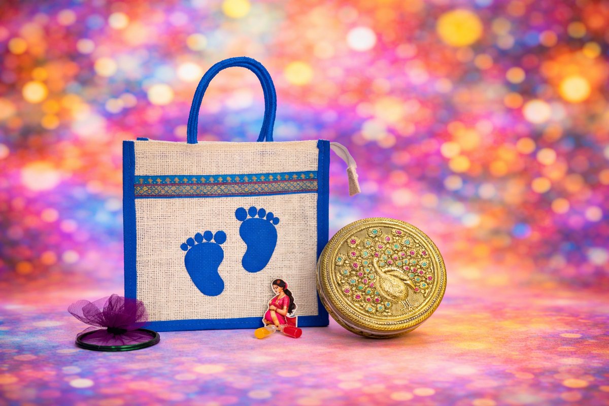 Baby Shower Return Gifts Combo – Jute Bag, Meenakari Box, Bangles (Blue Theme)