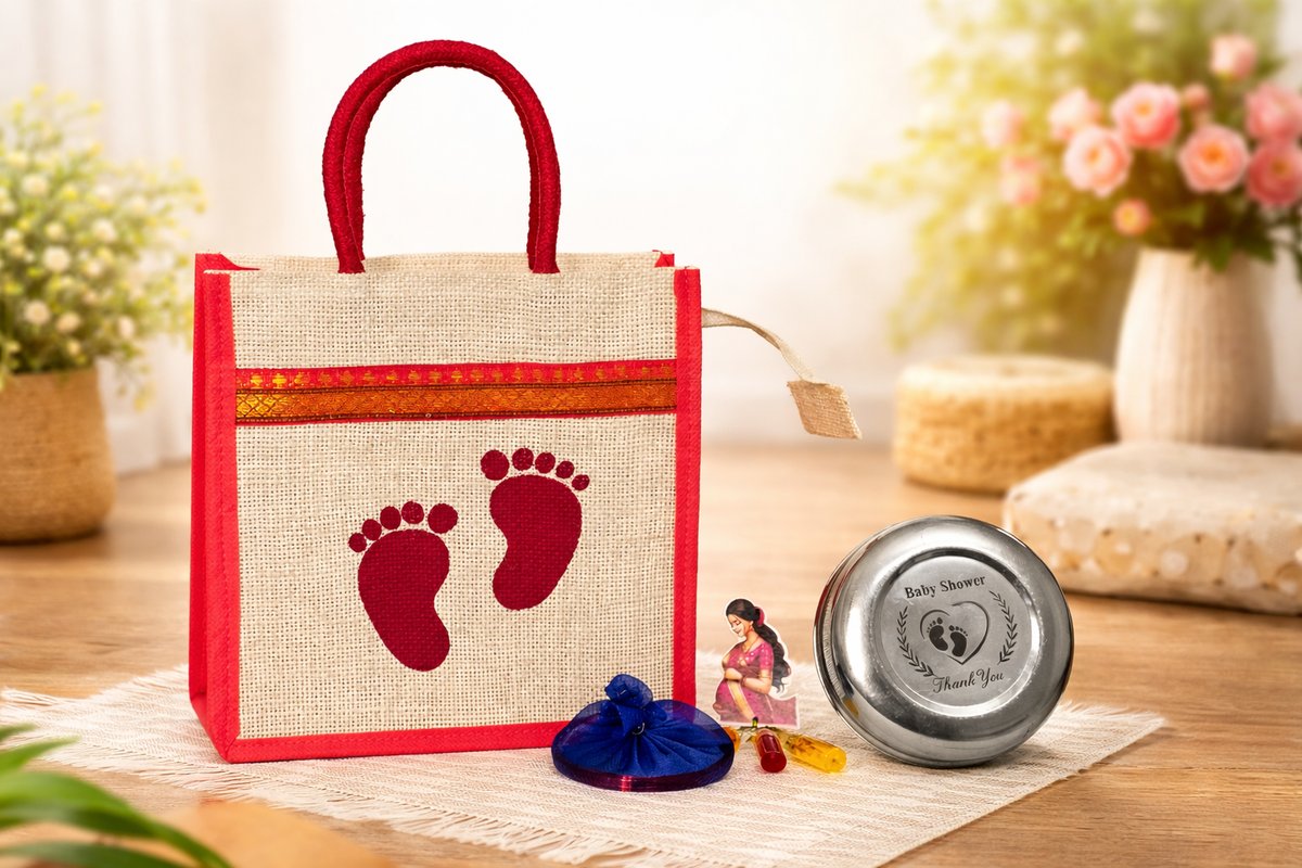 Pink Baby Shower Return Gift Combo with Jute Bag & 4.5 Inch Steel Box | Seemantham Gift Set