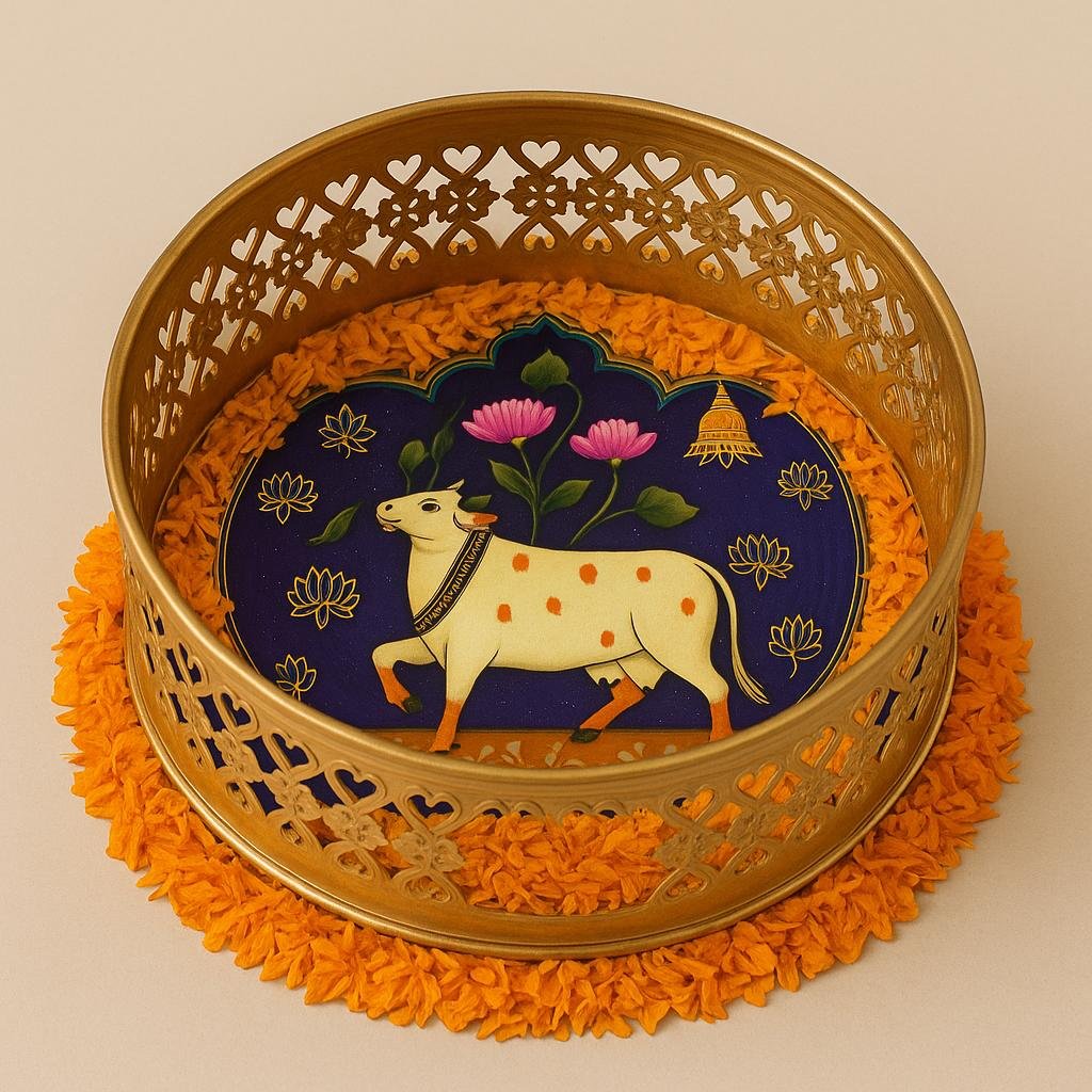 Decorative Round Metal Puja & Serving Tray with Resin Coating