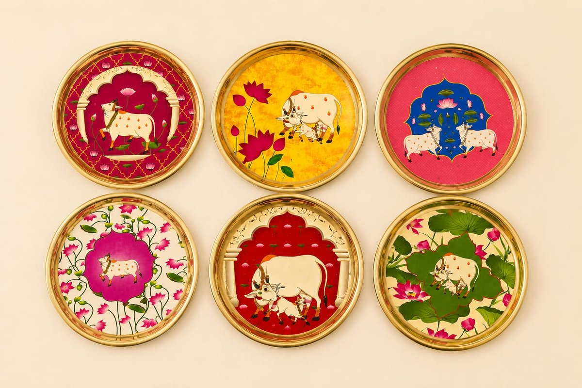 Pack of 6 Brass Plates – 6 Inch Pichwai Art Decorative Plates with Cow & Calf Designs