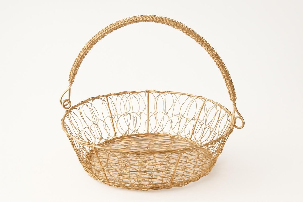 Decorative Metal Wire Basket, Gold, Round Fruit Bowl with Handle, Storage Container