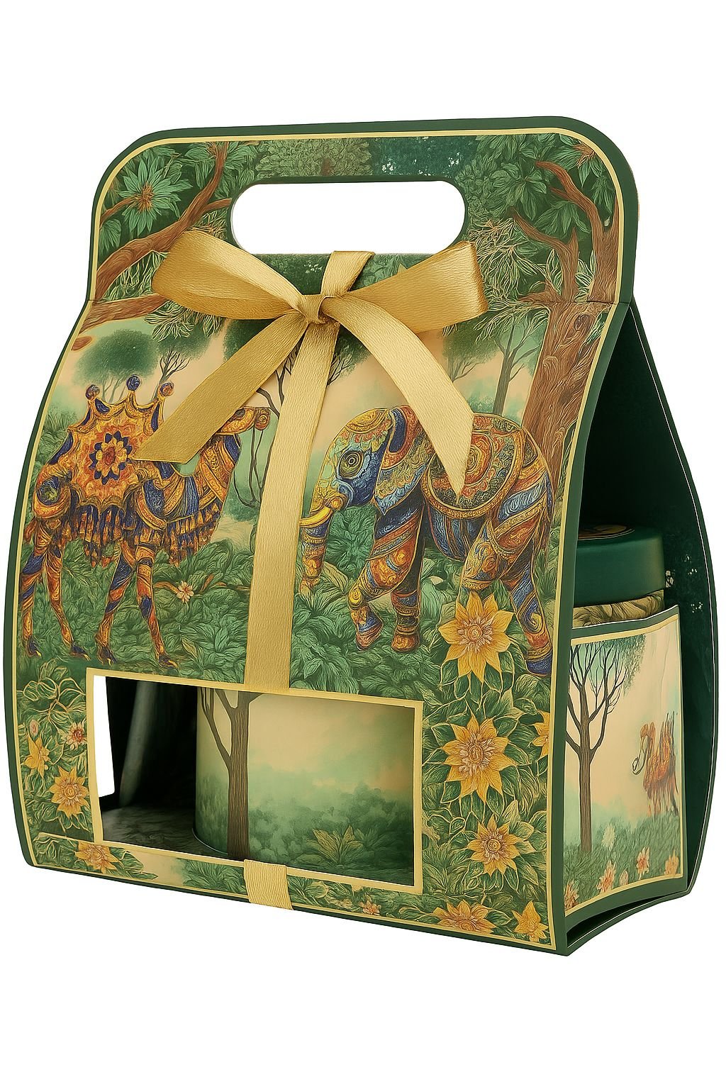 Decorative Gift Box with Handle, Green Floral Pattern, Gold Ribbon