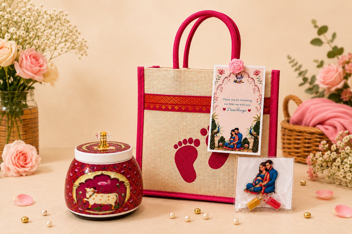 Baby Shower Return Gift Set – Assorted Pichwai Jar with Pink Jute Bag & Haldi Kumkum Bottles