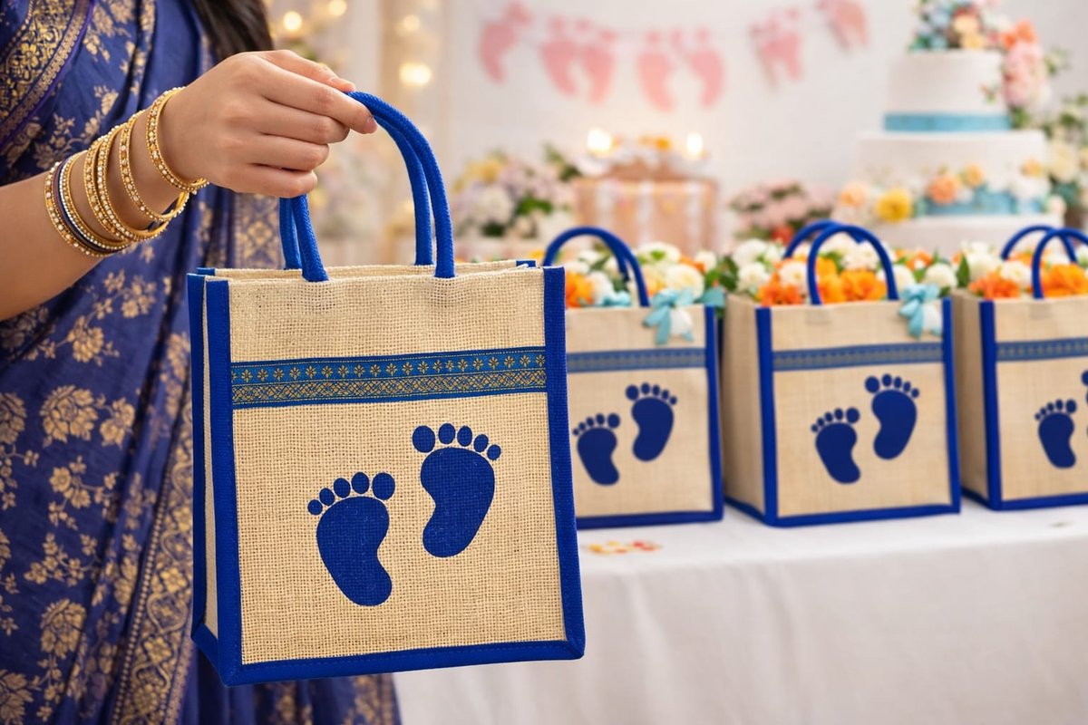 Jute Return Gift Bag with Baby Footprint Design (Blue Handle)