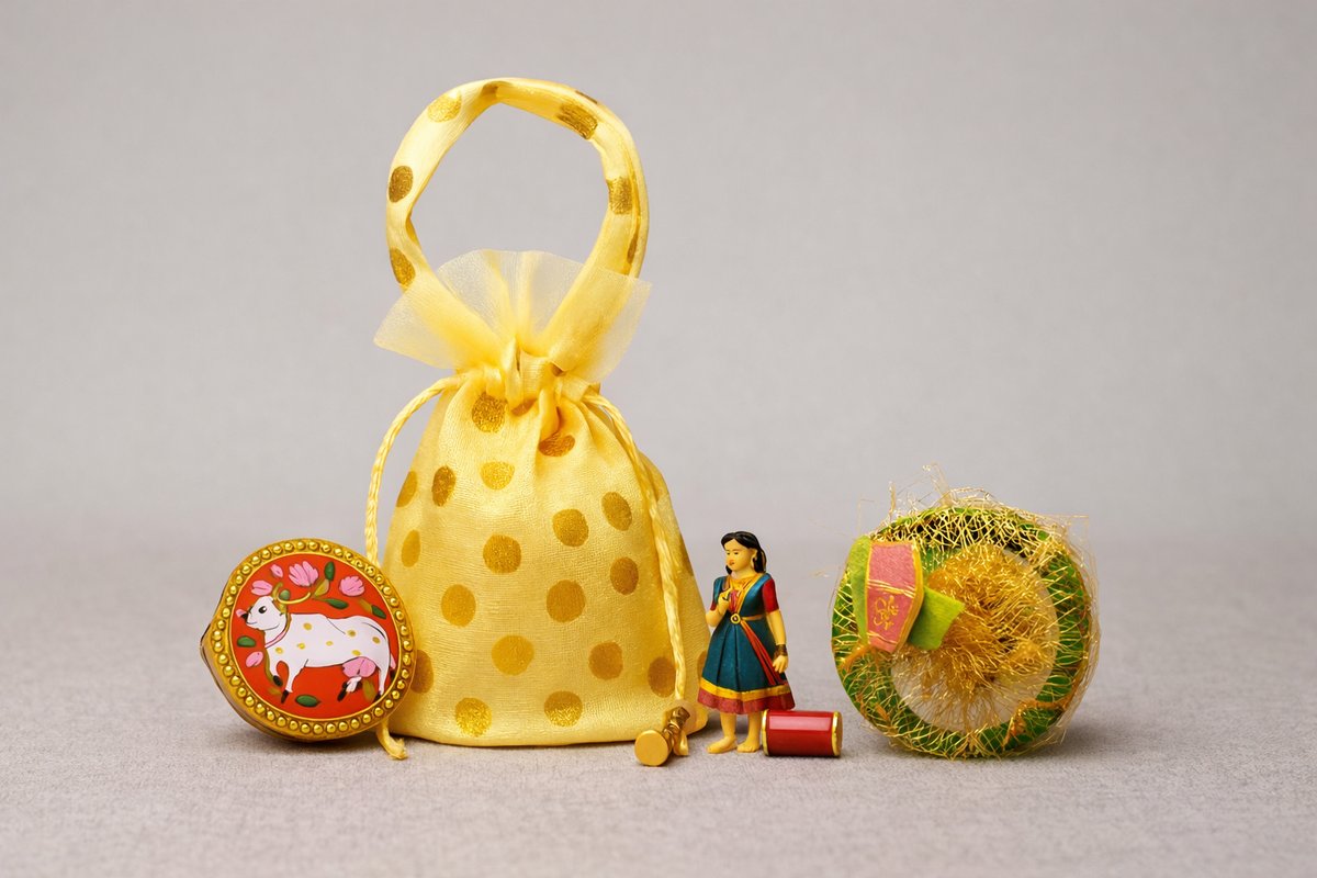 Golden Polka Dot Potli Bag with Miniature Indian Decor Set